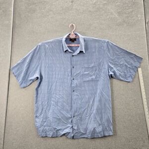 Toscano Men Button Up Shirt 2X Light‎ Blue Silk Geometric Short Sleeve